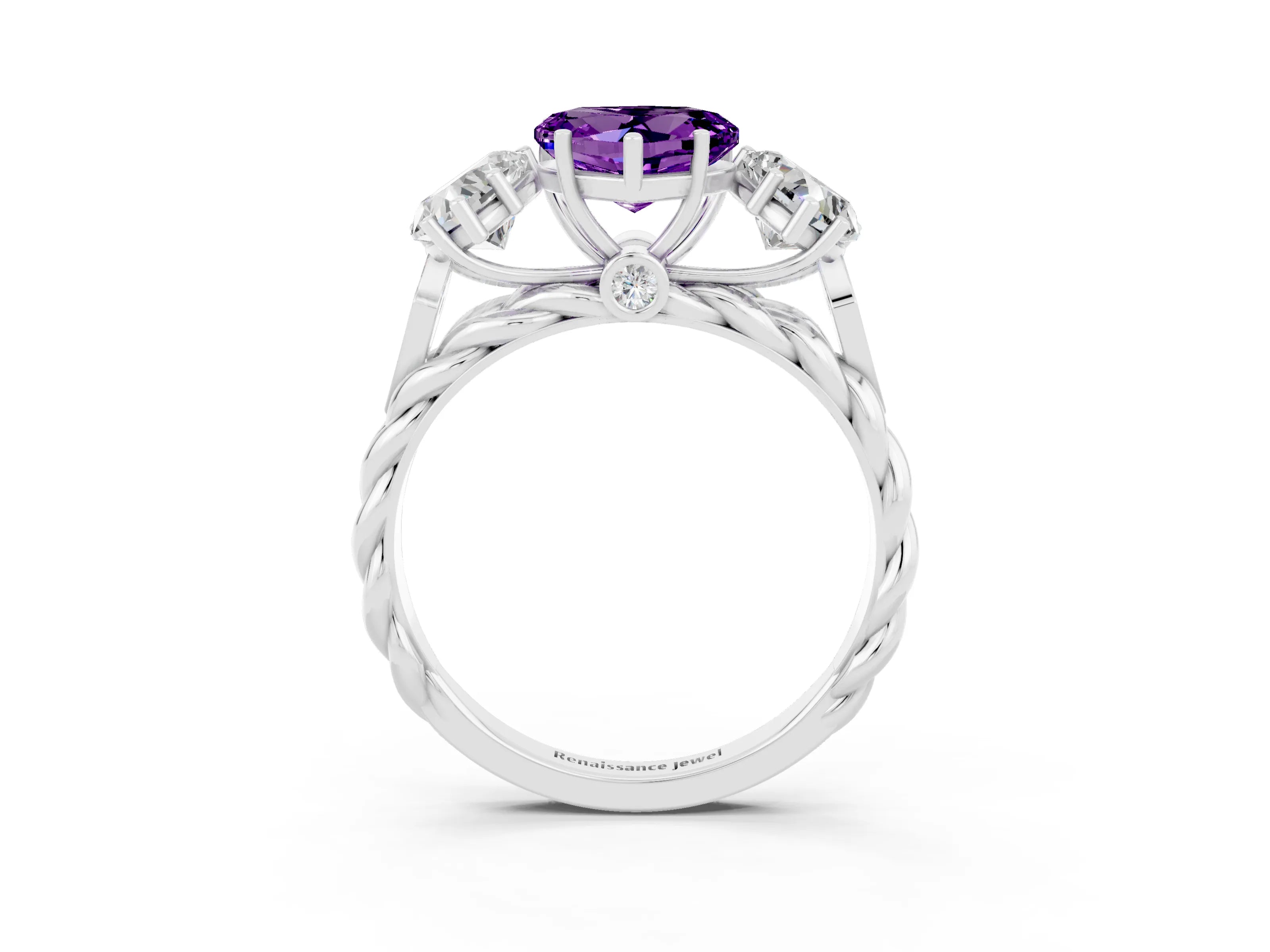 White gold Three-Stone Heart Cut Amethyst Braided Band Ring with Four-Prong Setting_51