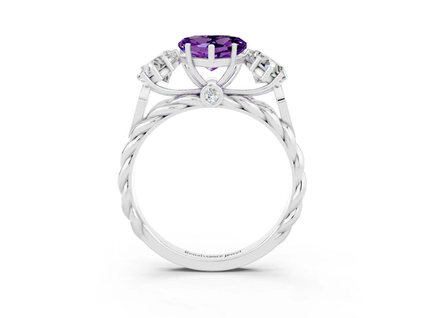 Silver Three-Stone Heart Cut Amethyst Braided Band Ring with Four-Prong Setting
