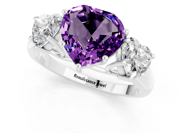 Silver Three-Stone Heart Cut Amethyst Engagement Ring with Prong Setting