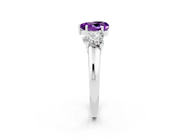 Silver Three-Stone Heart Cut Amethyst Engagement Ring with Prong Setting