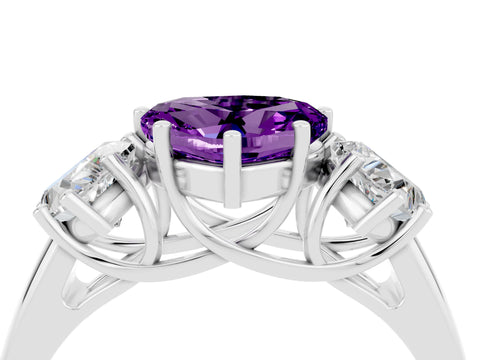 White gold Three-Stone Heart Cut Amethyst Engagement Ring with Prong Setting_4