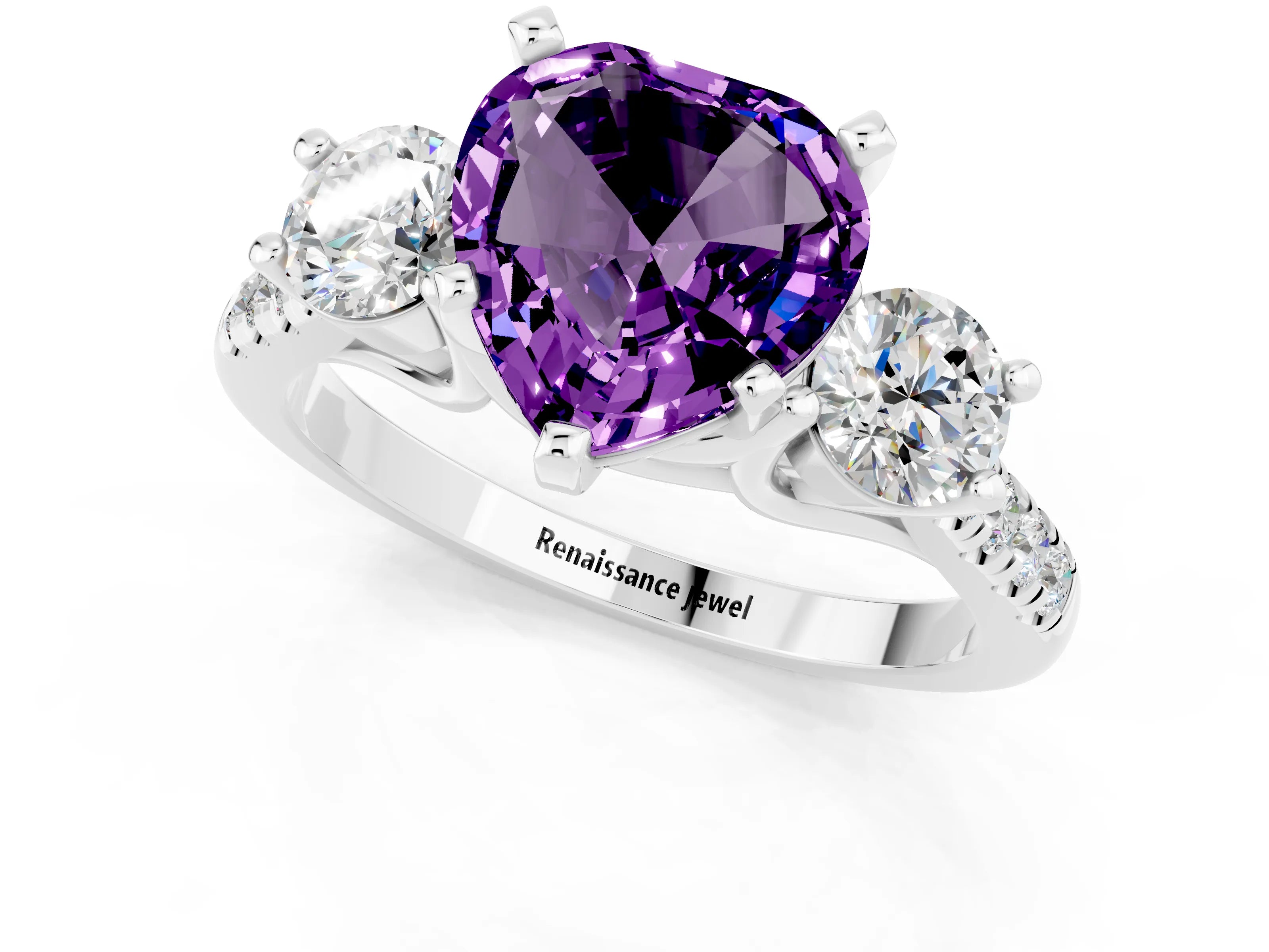 White gold Three-Stone Heart Cut Amethyst Pavé Band with Four-Prong Setting_1