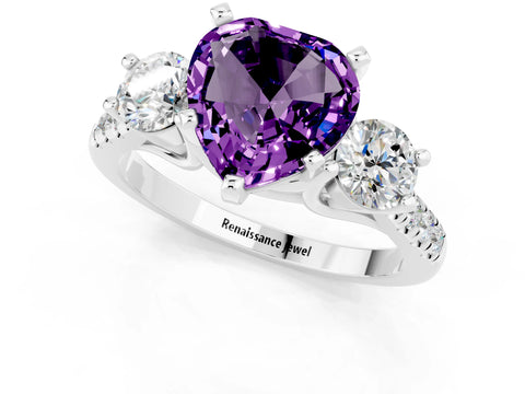 White gold Three-Stone Heart Cut Amethyst Pavé Band with Four-Prong Setting_1