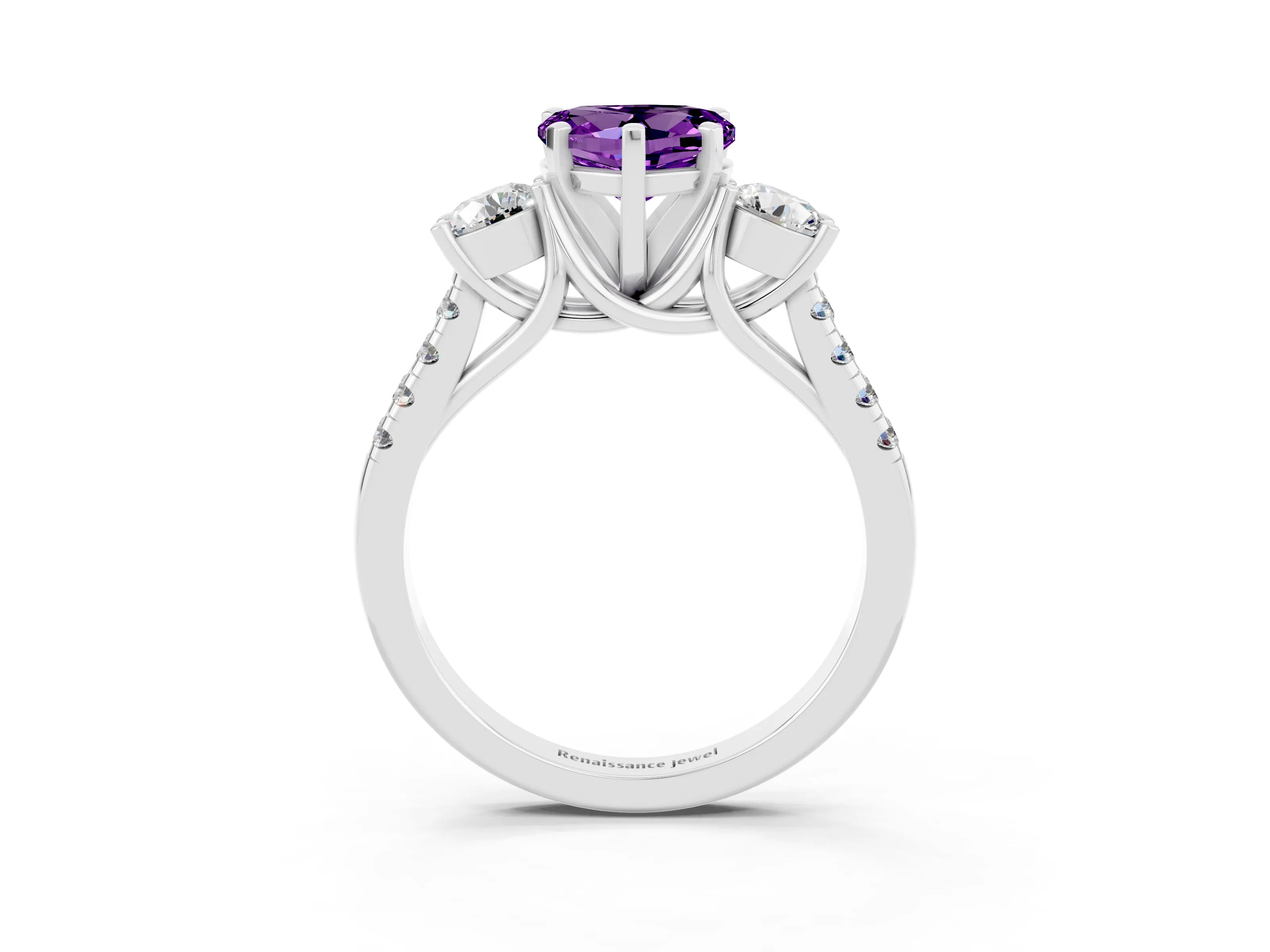White gold Three-Stone Heart Cut Amethyst Pavé Band with Four-Prong Setting_3