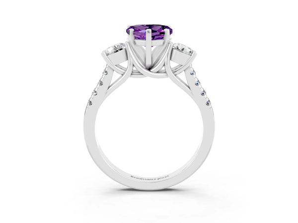Platinum Three-Stone Heart Cut Amethyst Pavé Band with Four-Prong Setting