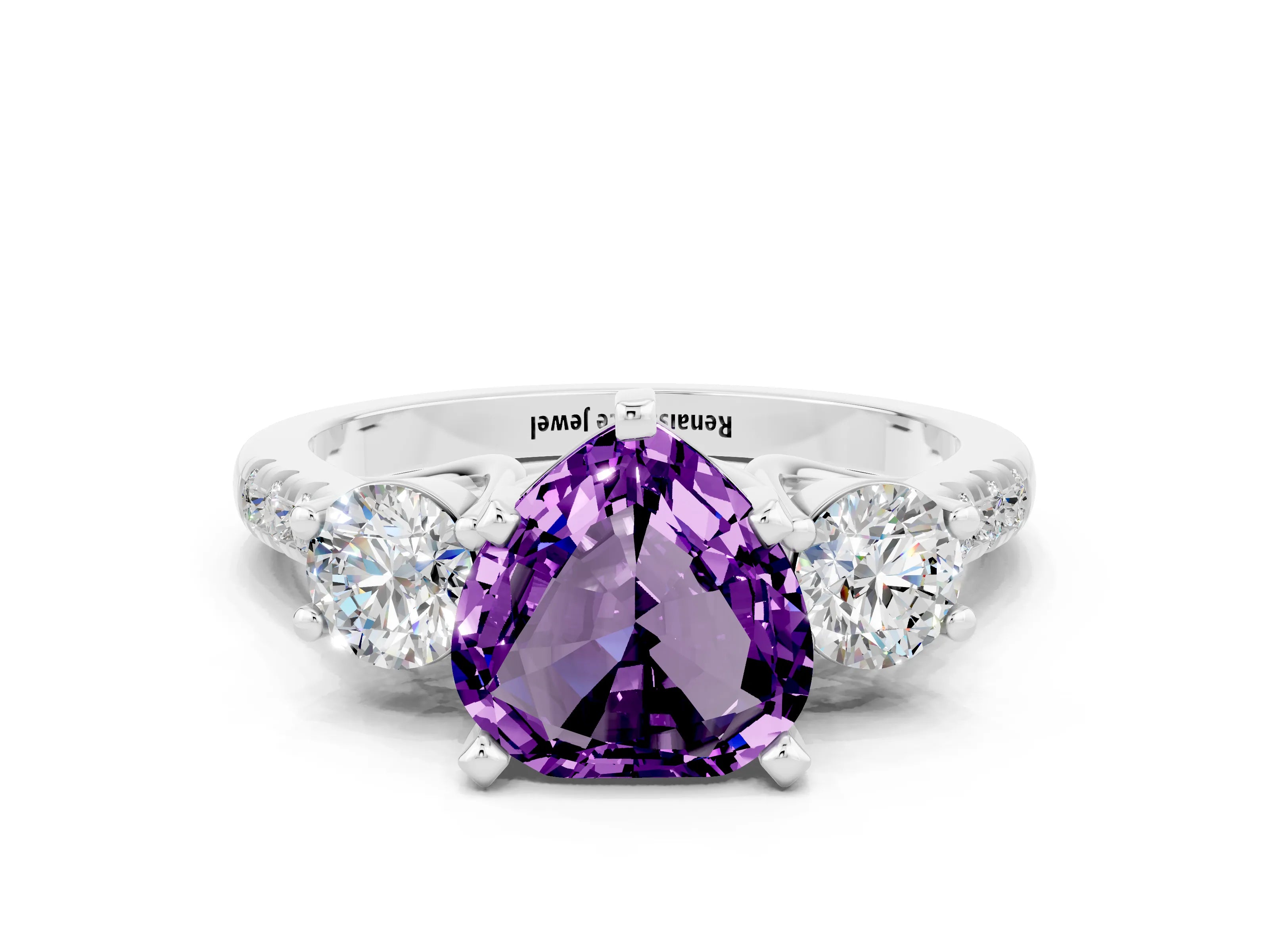 White gold Three-Stone Heart Cut Amethyst Pavé Band with Four-Prong Setting