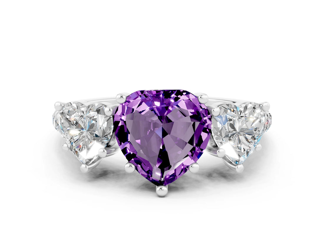 White gold Three-Stone Heart Cut Amethyst Ring with Pavé Band and Prong Setting_12