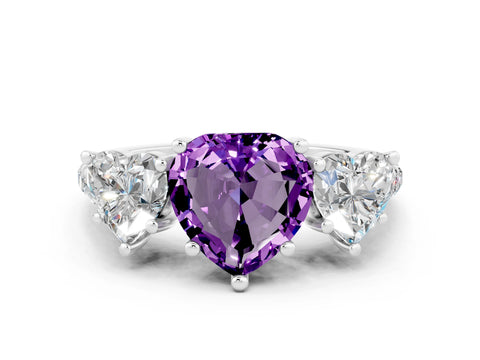 White gold Three-Stone Heart Cut Amethyst Ring with Pavé Band and Prong Setting_12