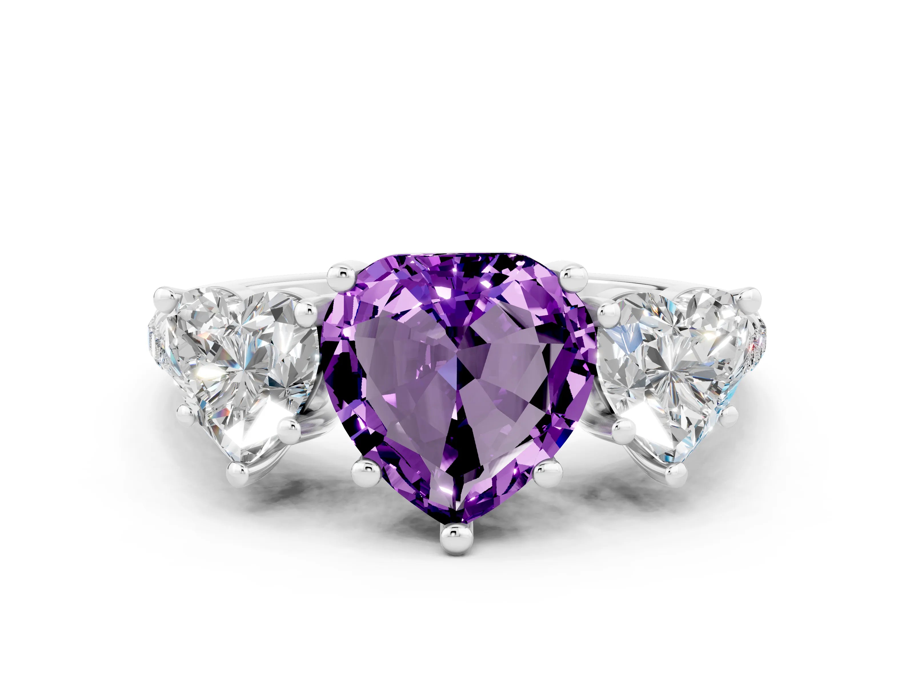 White gold Three-Stone Heart Cut Amethyst Ring with Pavé Band and Prong Setting_12