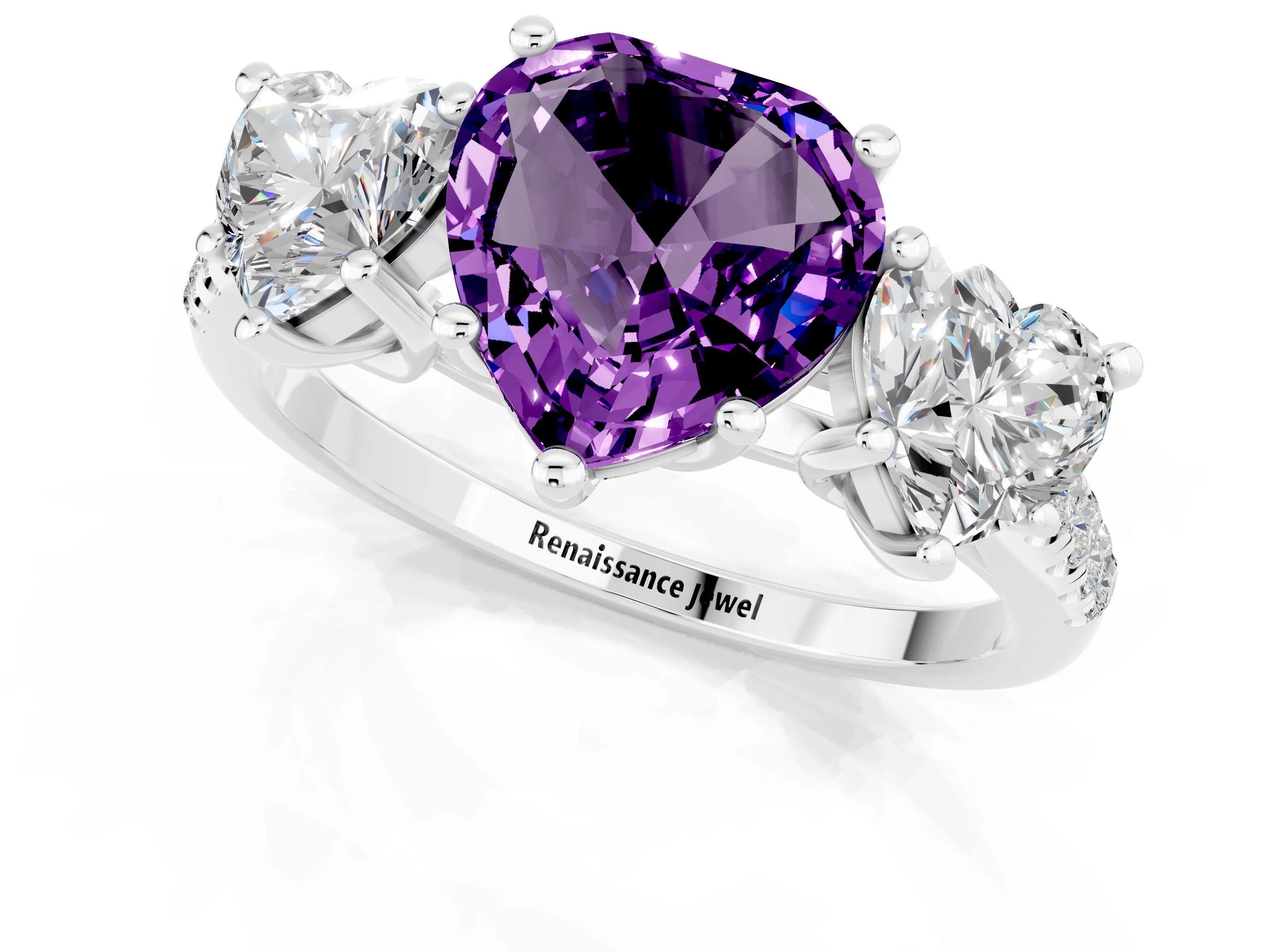 White gold Three-Stone Heart Cut Amethyst Ring with Pavé Band and Prong Setting_13