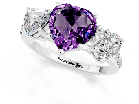 White gold Three-Stone Heart Cut Amethyst Ring with Pavé Band and Prong Setting_13