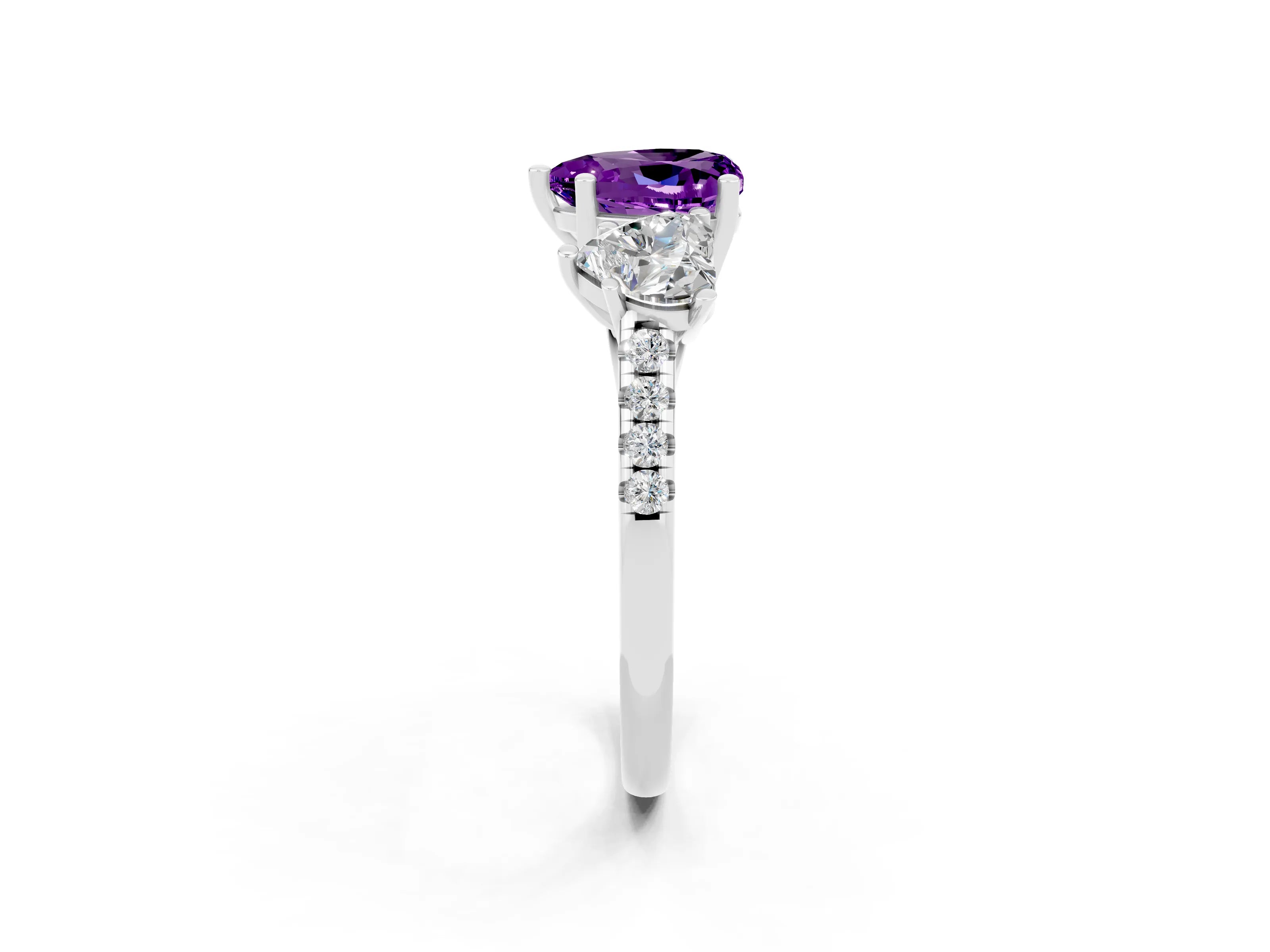 White gold Three-Stone Heart Cut Amethyst Ring with Pavé Band and Prong Setting_14