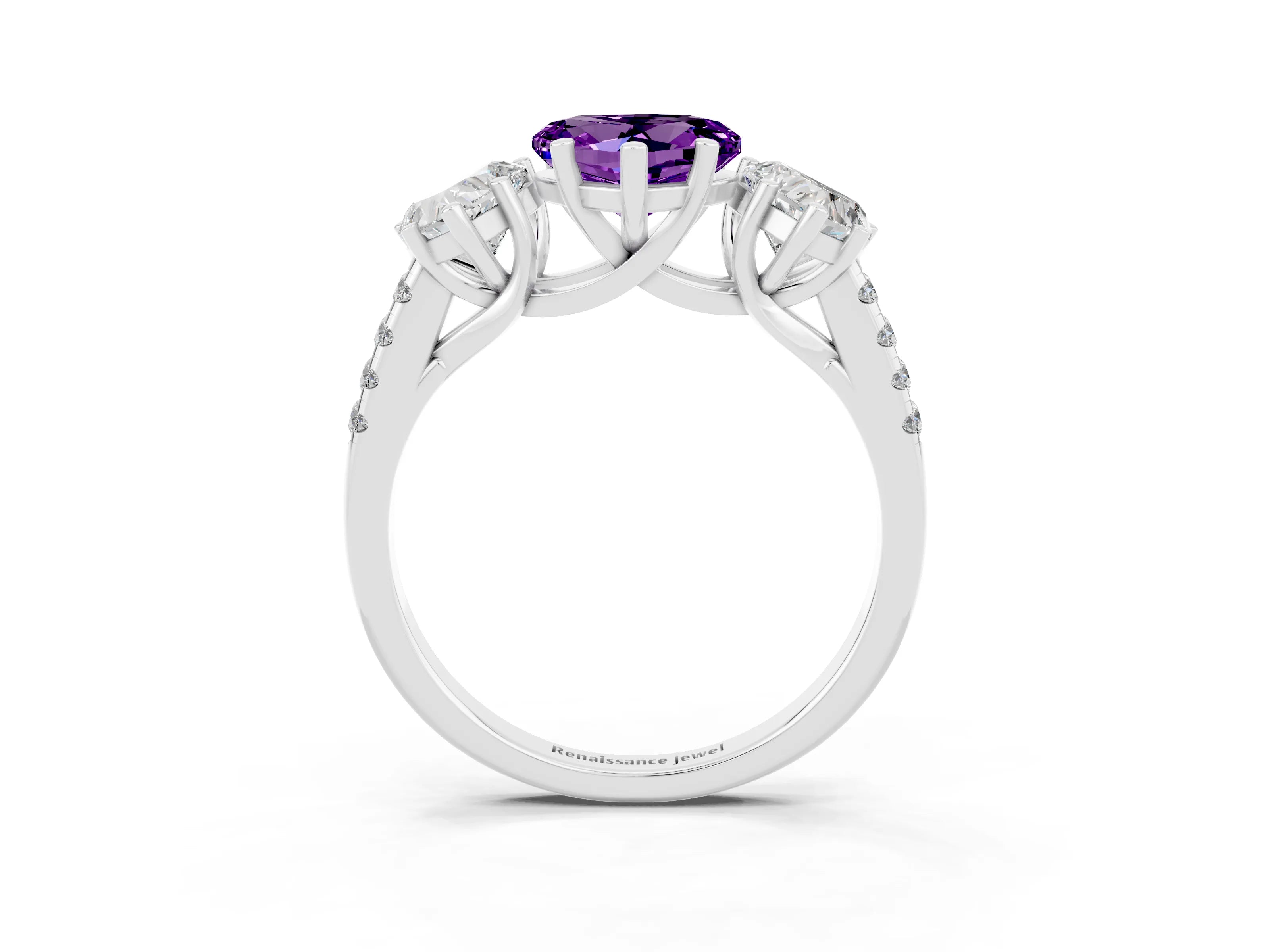 White gold Three-Stone Heart Cut Amethyst Ring with Pavé Band and Prong Setting_15