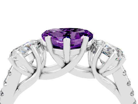 White gold Three-Stone Heart Cut Amethyst Ring with Pavé Band and Prong Setting_16