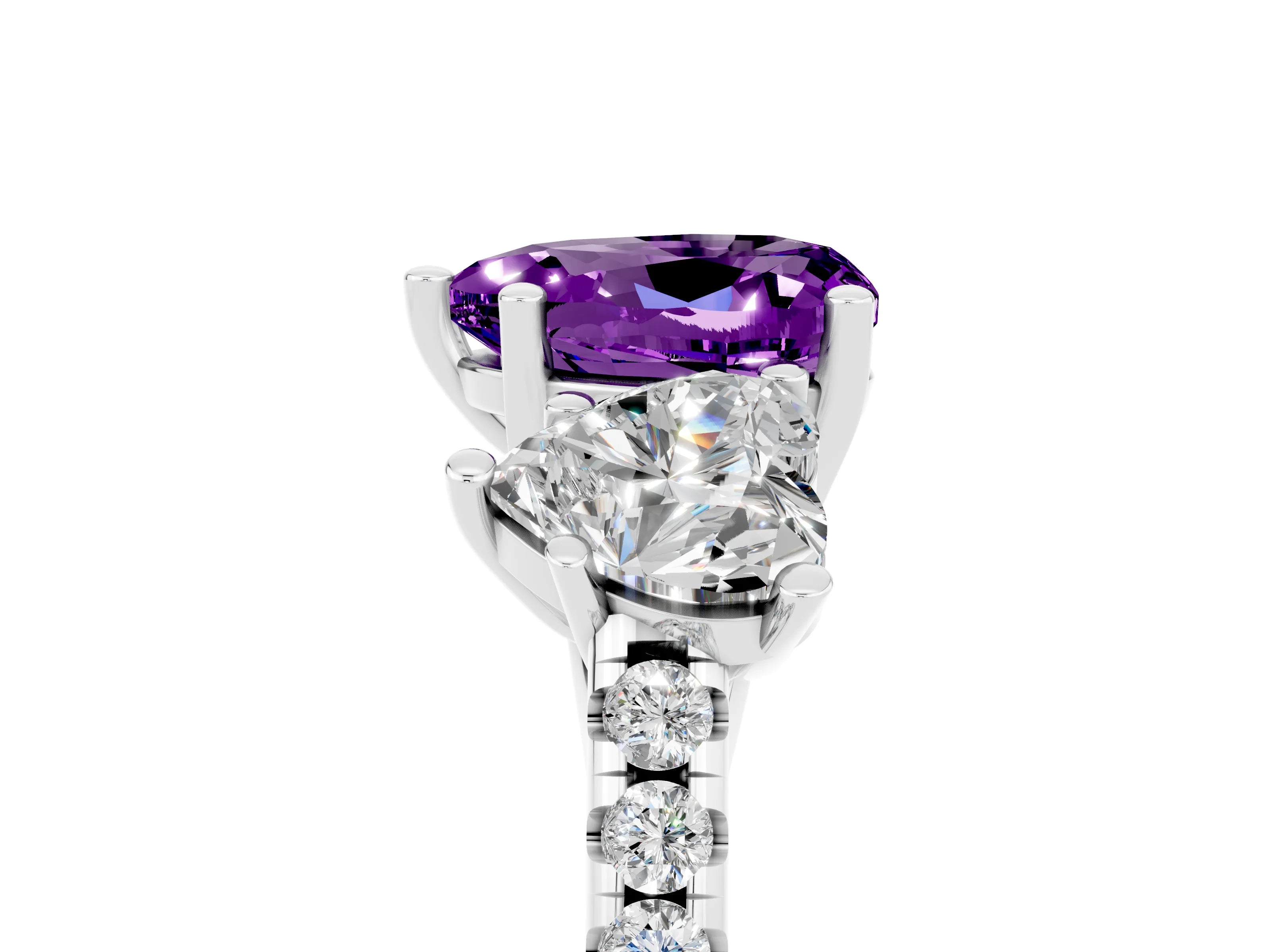 White gold Three-Stone Heart Cut Amethyst Ring with Pavé Band and Prong Setting_17