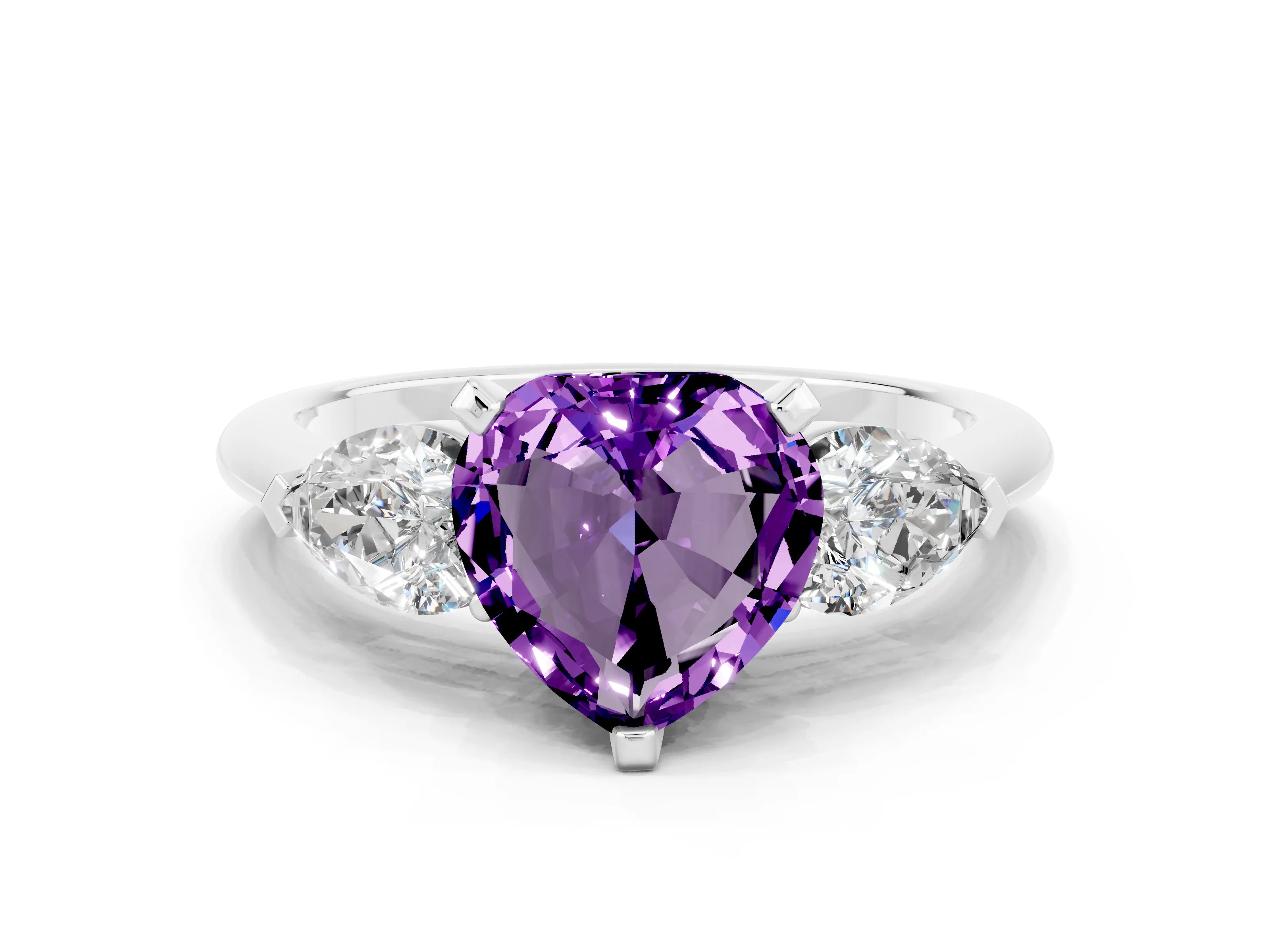 White gold Three-Stone Heart Cut Amethyst Ring with Pear Side Stones and Four-Prong Setting