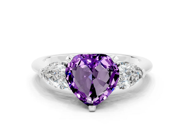 Platinum Three-Stone Heart Cut Amethyst Ring with Pear Side Stones and Four-Prong Setting