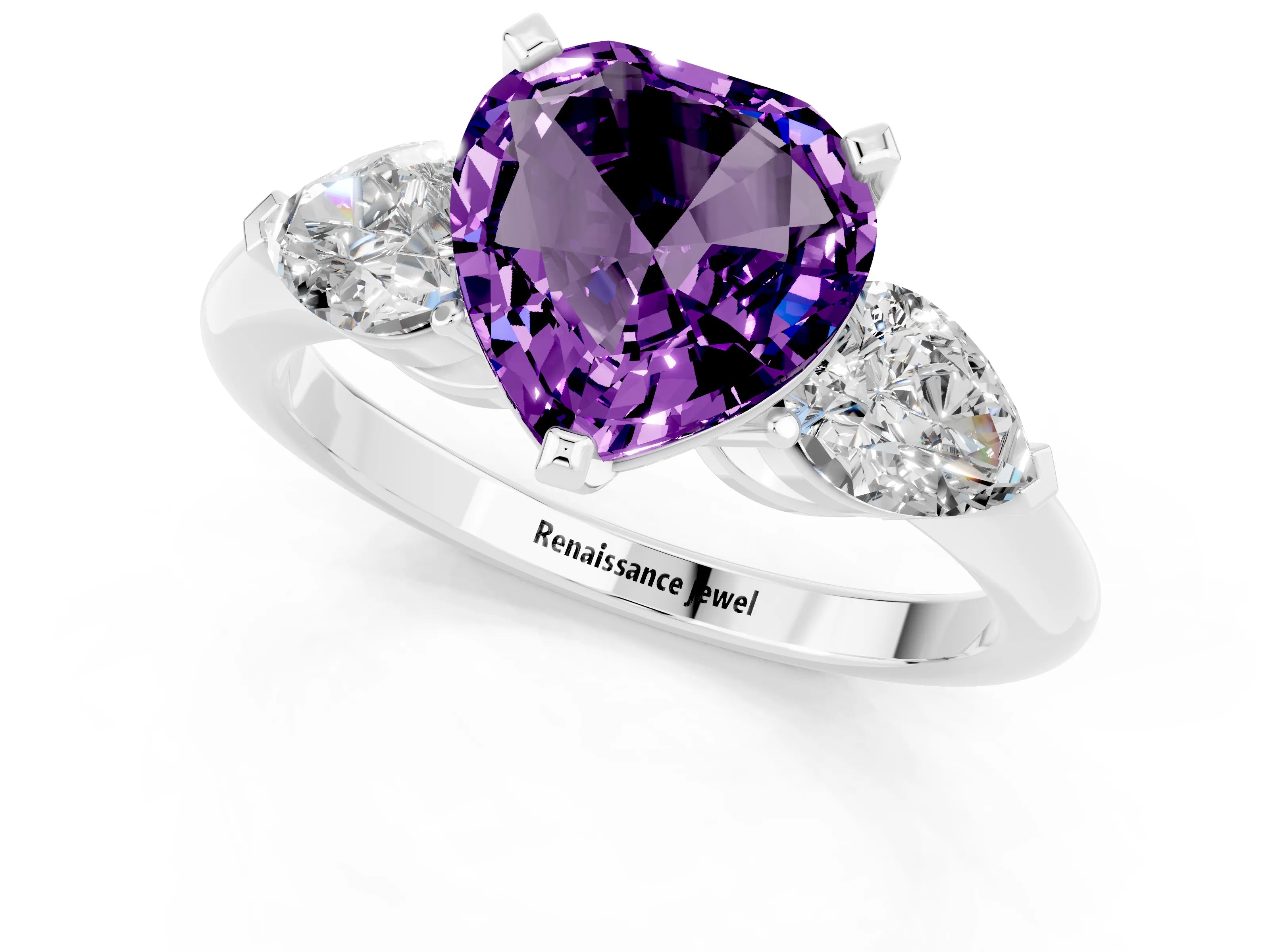 White gold Three-Stone Heart Cut Amethyst Ring with Pear Side Stones and Four-Prong Setting_1