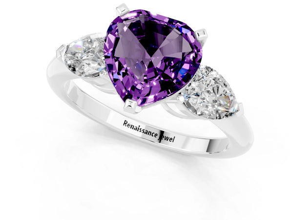 White gold Three-Stone Heart Cut Amethyst Ring with Pear Side Stones and Four-Prong Setting