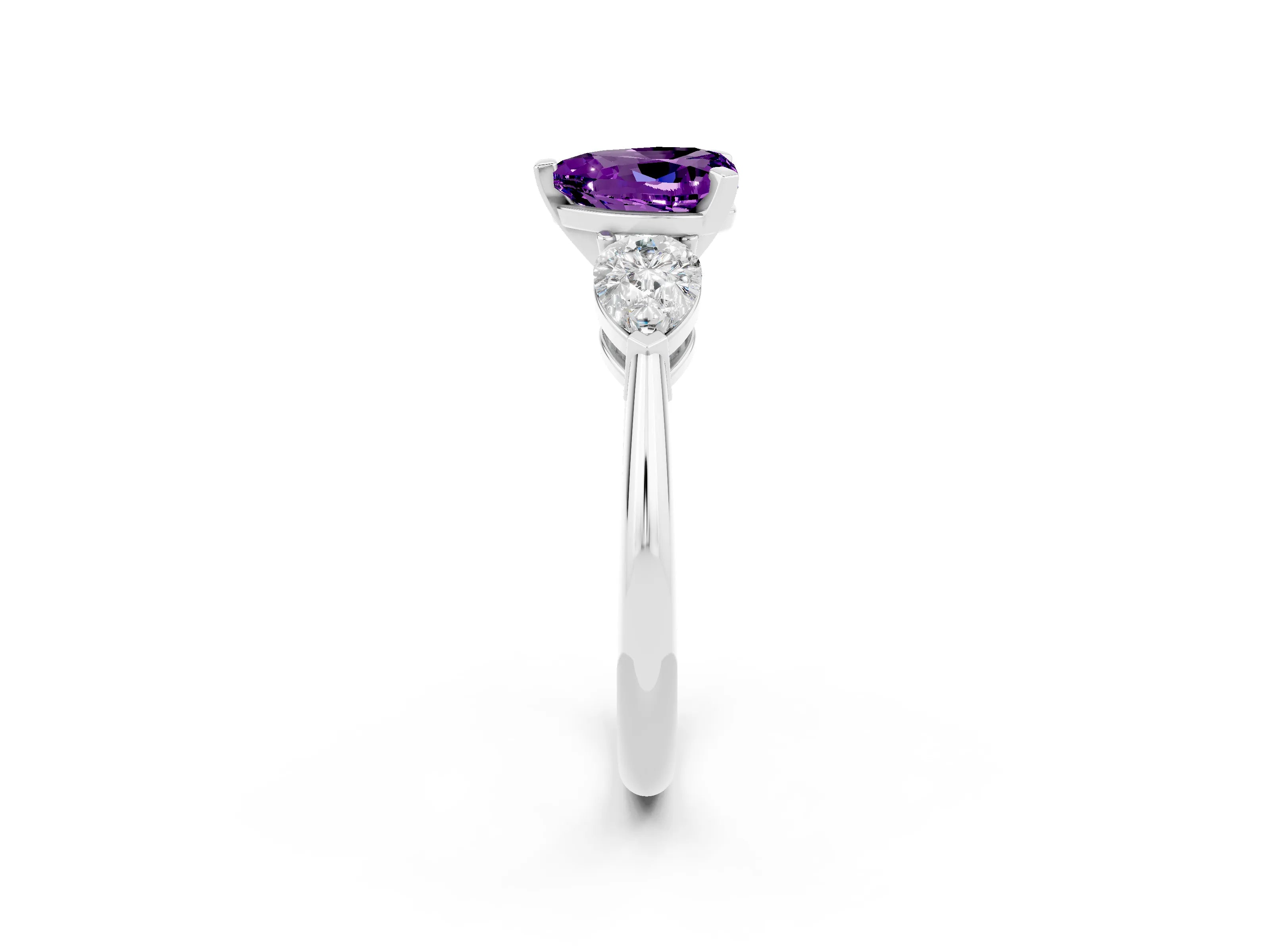 White gold Three-Stone Heart Cut Amethyst Ring with Pear Side Stones and Four-Prong Setting_2