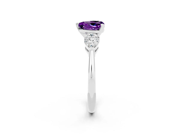 White gold Three-Stone Heart Cut Amethyst Ring with Pear Side Stones and Four-Prong Setting
