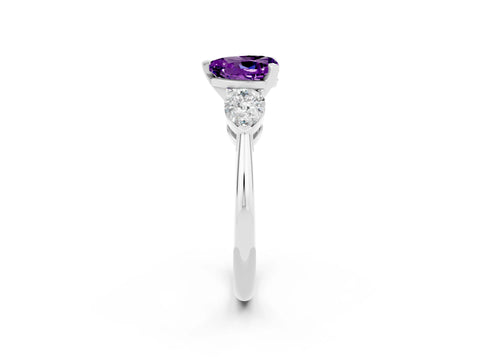 White gold Three-Stone Heart Cut Amethyst Ring with Pear Side Stones and Four-Prong Setting_2