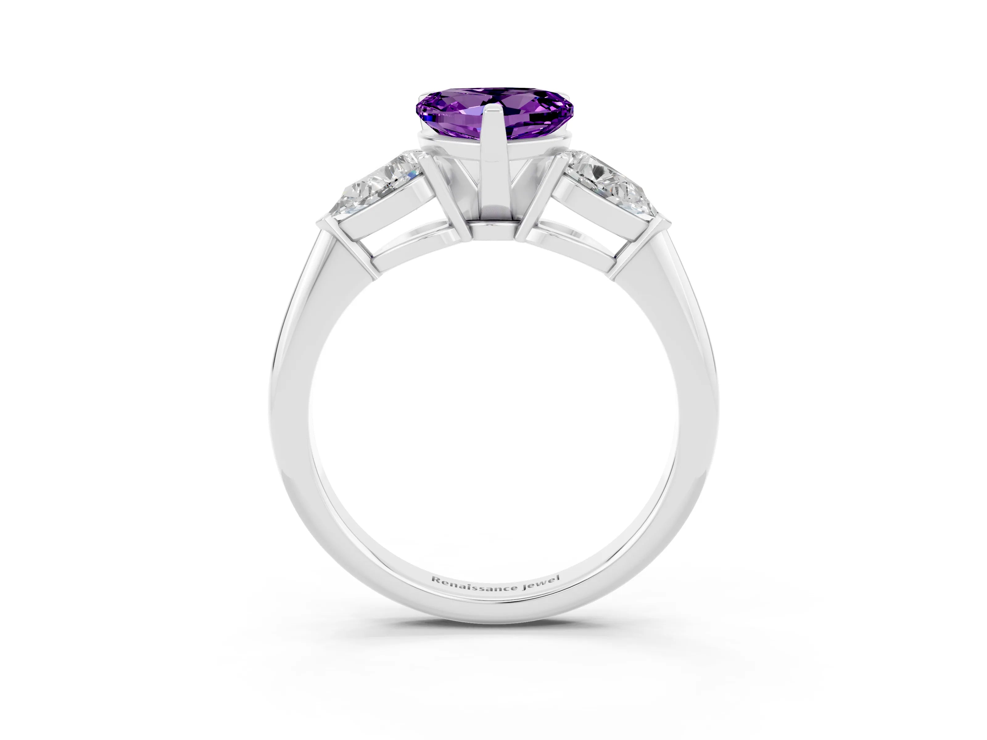 White gold Three-Stone Heart Cut Amethyst Ring with Pear Side Stones and Four-Prong Setting_3