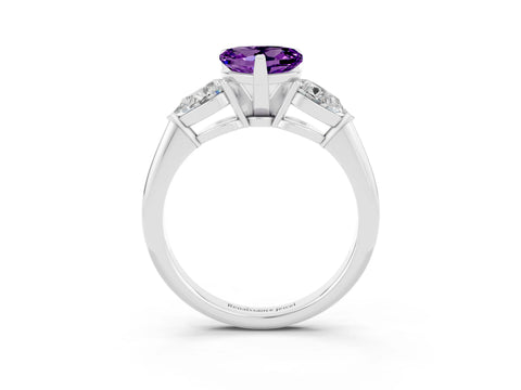 White gold Three-Stone Heart Cut Amethyst Ring with Pear Side Stones and Four-Prong Setting_3