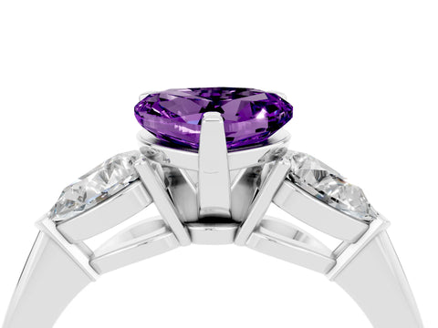 White gold Three-Stone Heart Cut Amethyst Ring with Pear Side Stones and Four-Prong Setting_4