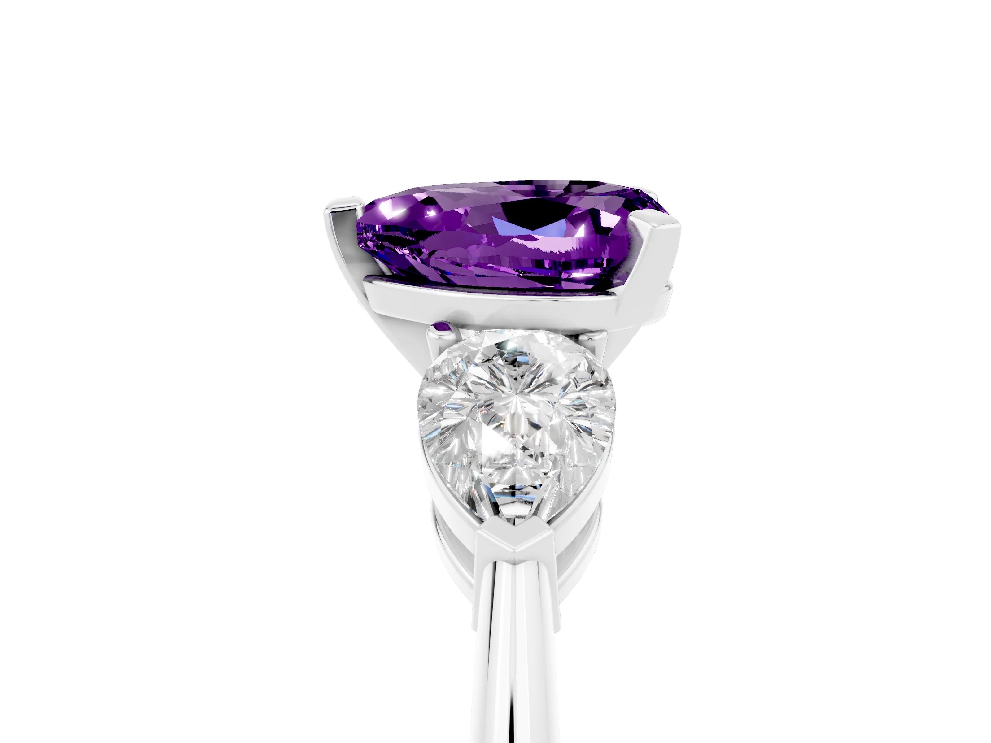 White gold Three-Stone Heart Cut Amethyst Ring with Pear Side Stones and Four-Prong Setting_5