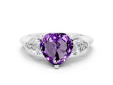 White gold Three-Stone Heart Cut Amethyst Ring with Pear Side Stones and Four-Prong Setting