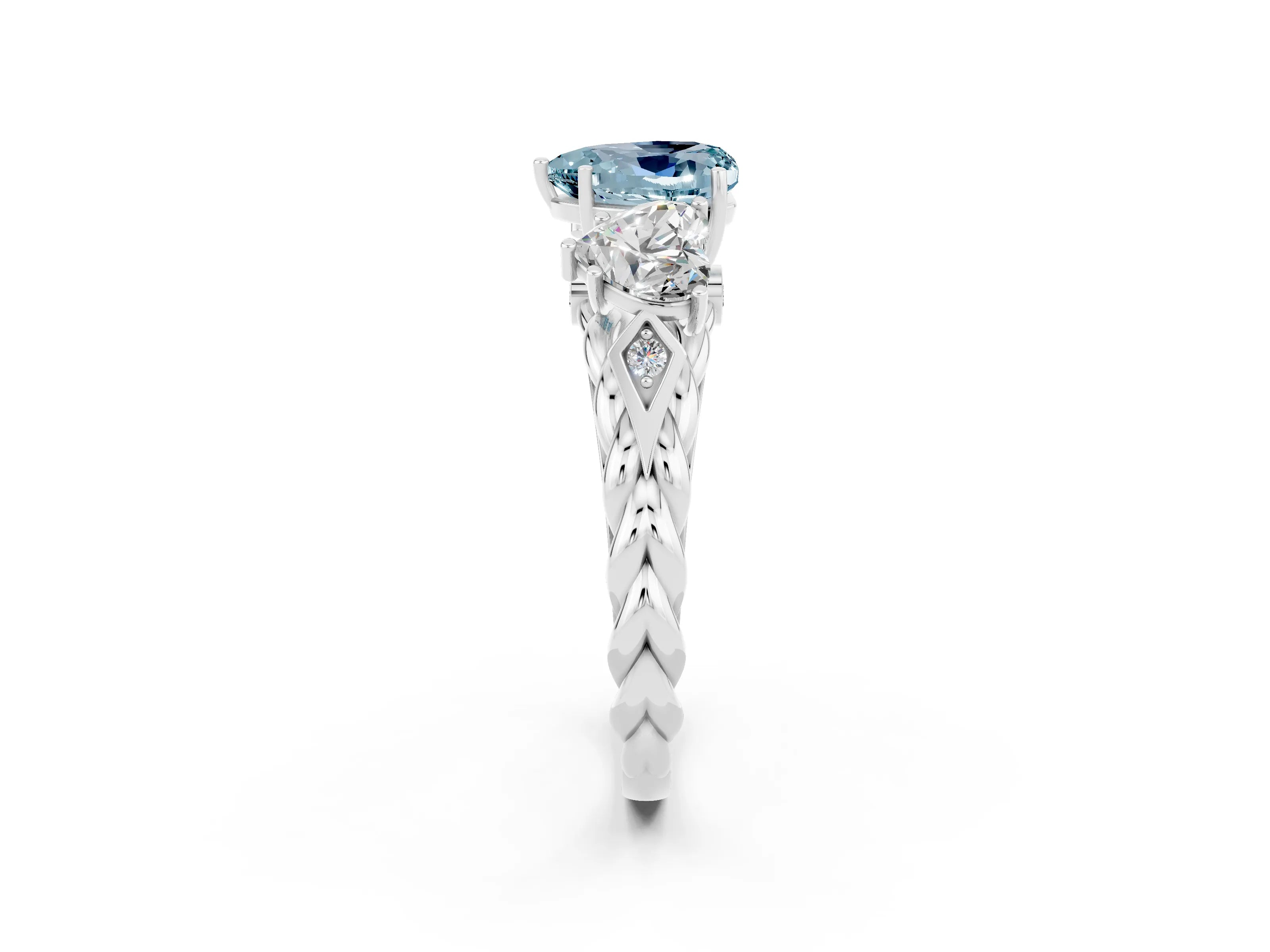 White gold Three-Stone Heart Cut Aquamarine Braided Band Ring with Four-Prong Setting_47