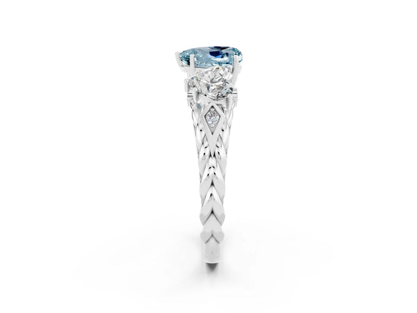 White gold Three-Stone Heart Cut Aquamarine Braided Band Ring with Four-Prong Setting