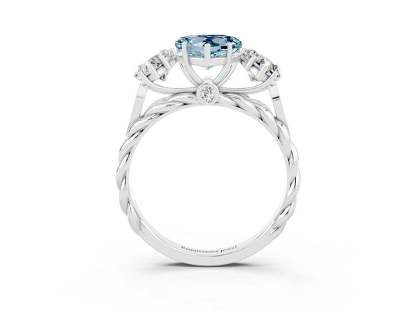 Platinum Three-Stone Heart Cut Aquamarine Braided Band Ring with Four-Prong Setting