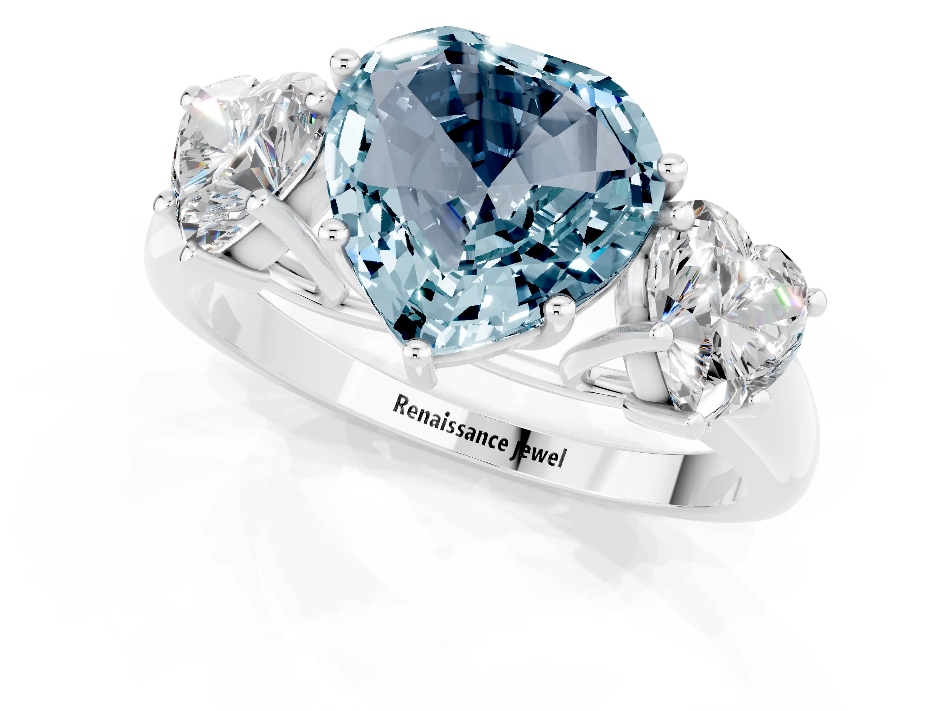 White gold Three-Stone Heart Cut Aquamarine Engagement Ring with Prong Setting_1