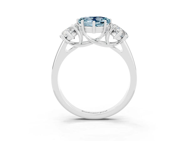 Silver Three-Stone Heart Cut Aquamarine Engagement Ring with Prong Setting