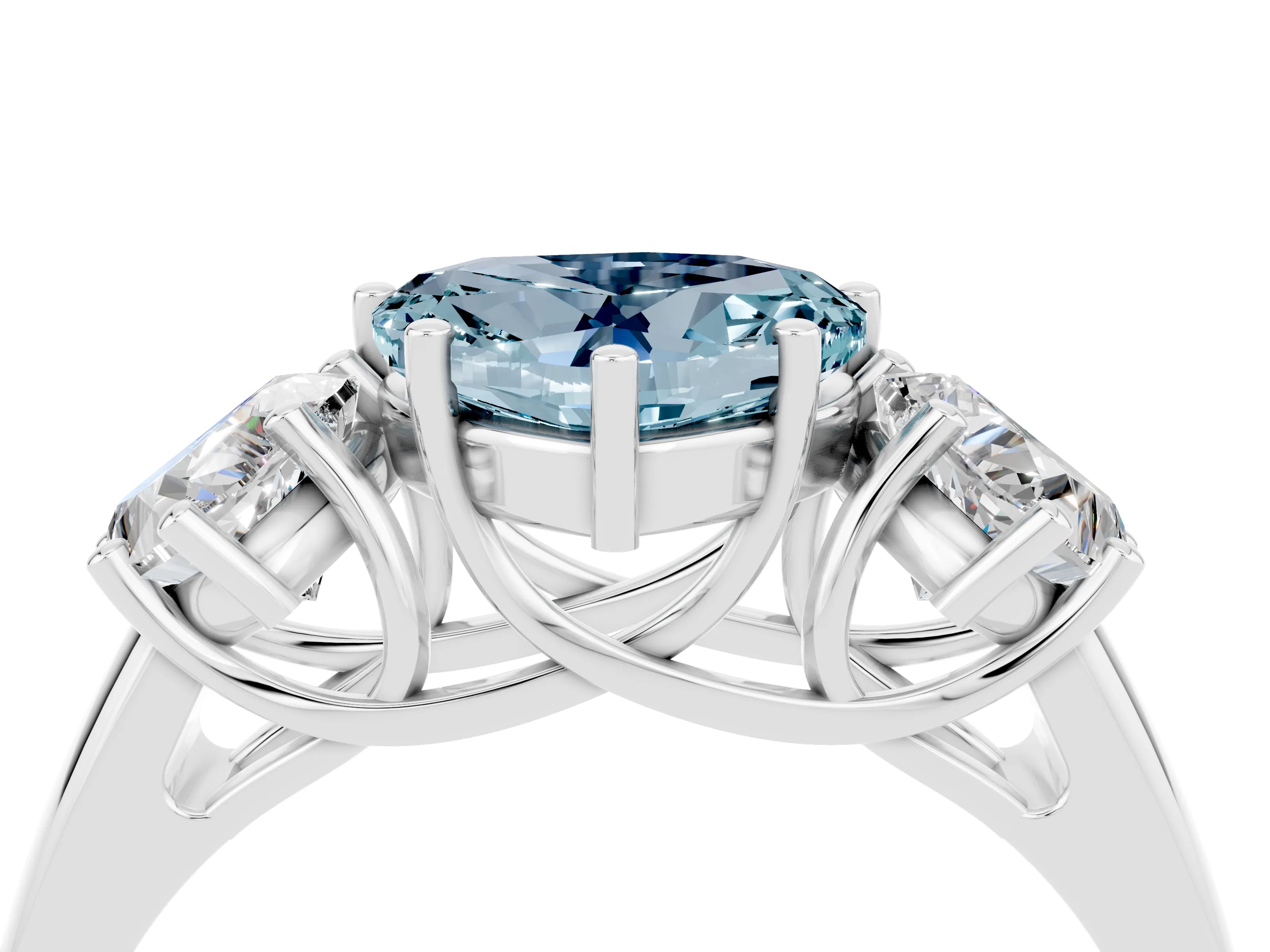White gold Three-Stone Heart Cut Aquamarine Engagement Ring with Prong Setting_4