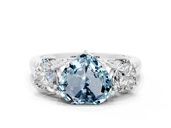 Silver Three-Stone Heart Cut Aquamarine Engagement Ring with Prong Setting