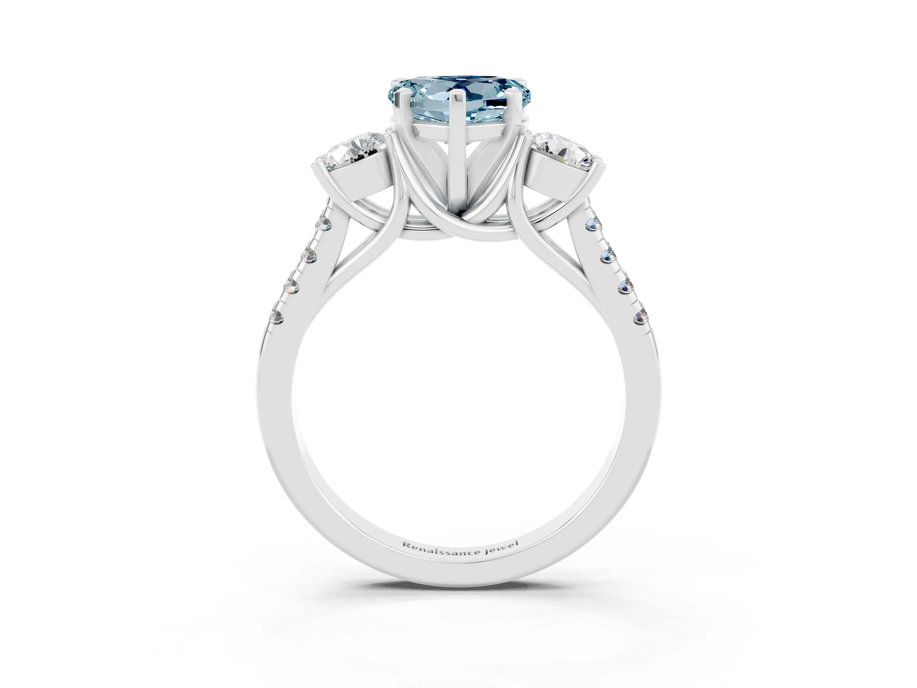White gold Three-Stone Heart Cut Aquamarine Pavé Band with Four-Prong Setting_3