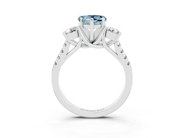 White gold Three-Stone Heart Cut Aquamarine Pavé Band with Four-Prong Setting