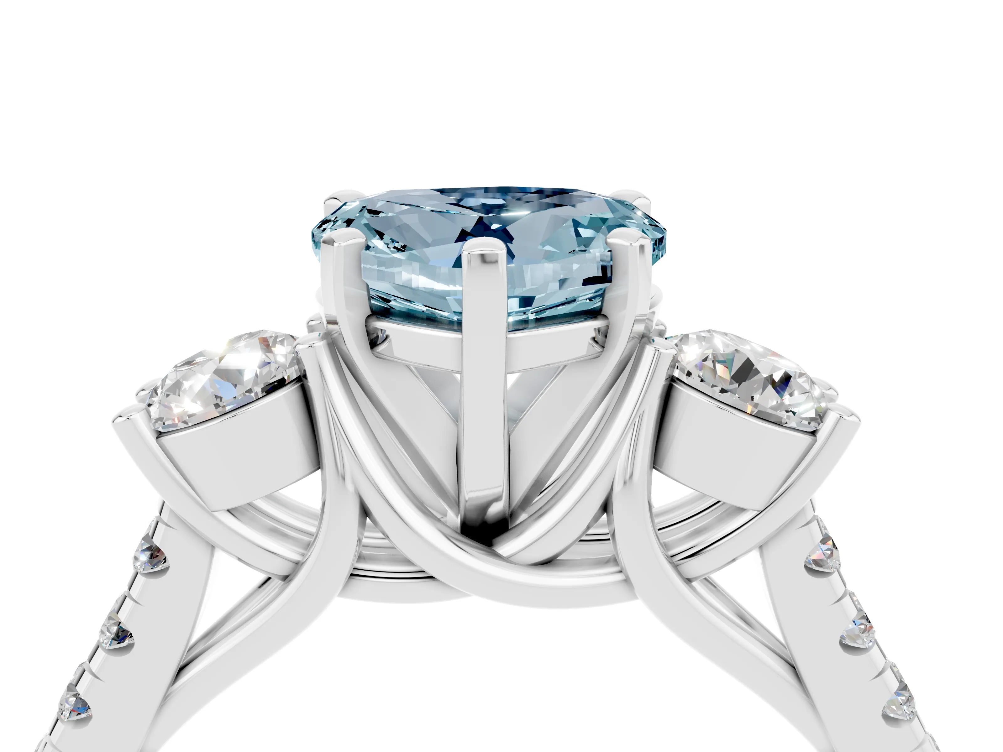 White gold Three-Stone Heart Cut Aquamarine Pavé Band with Four-Prong Setting_4