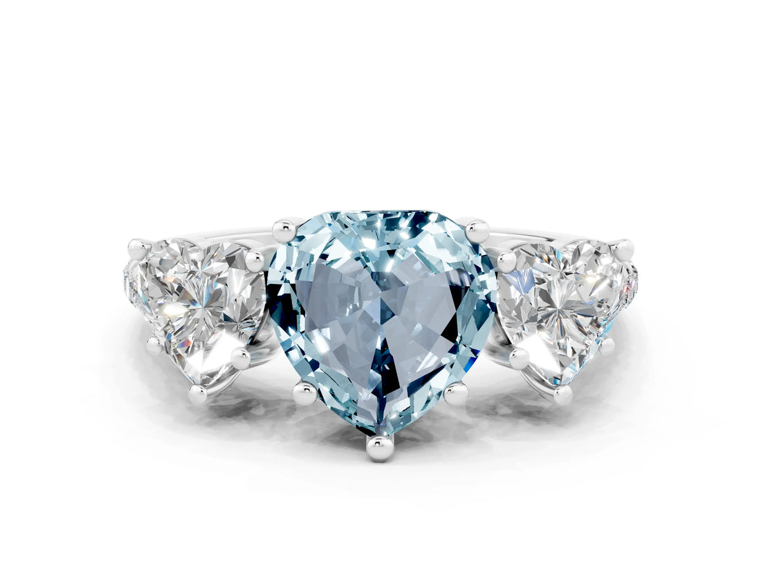 White gold Three-Stone Heart Cut Aquamarine Ring with Pavé Band and Prong Setting_12