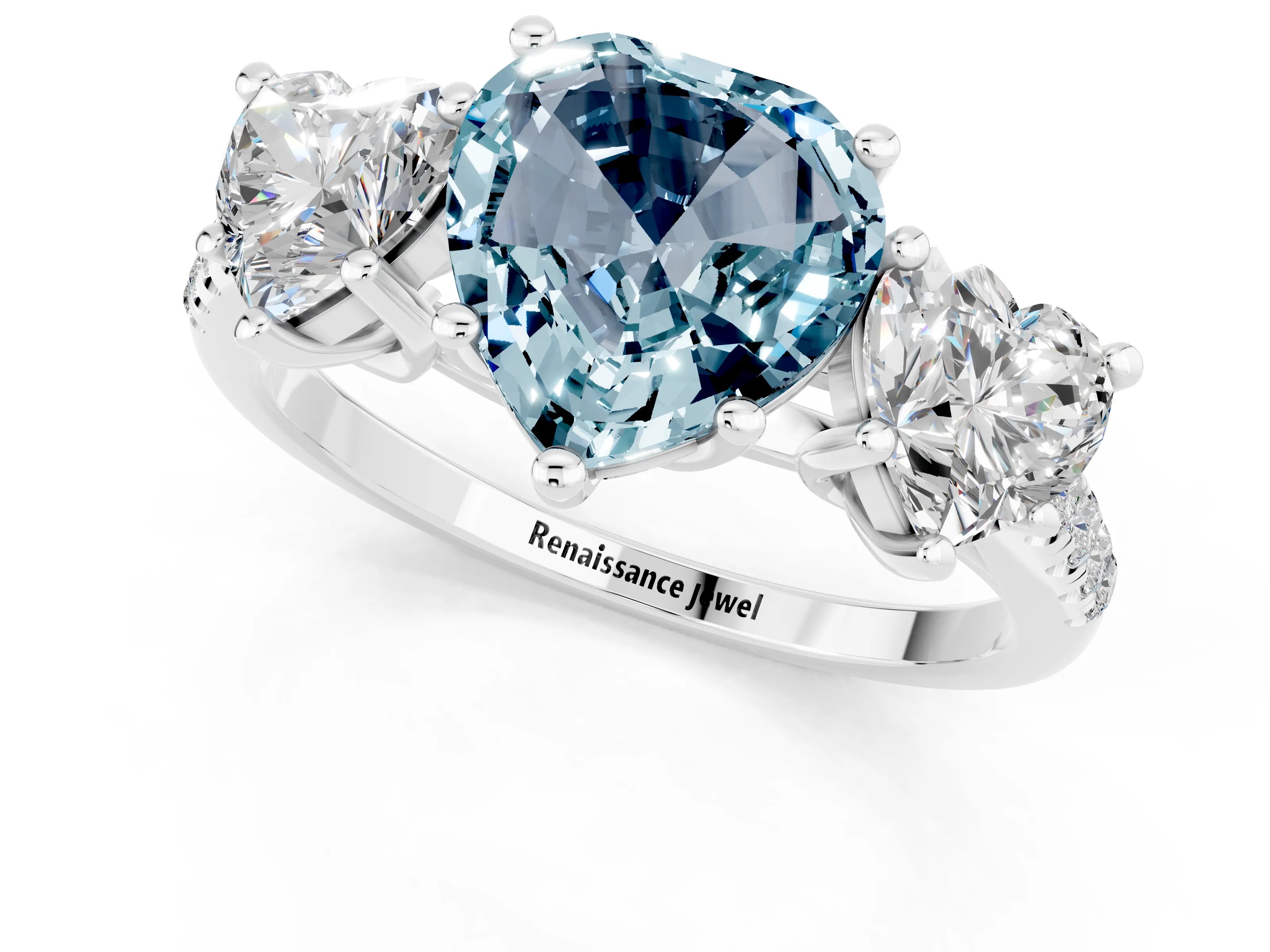 White gold Three-Stone Heart Cut Aquamarine Ring with Pavé Band and Prong Setting_13