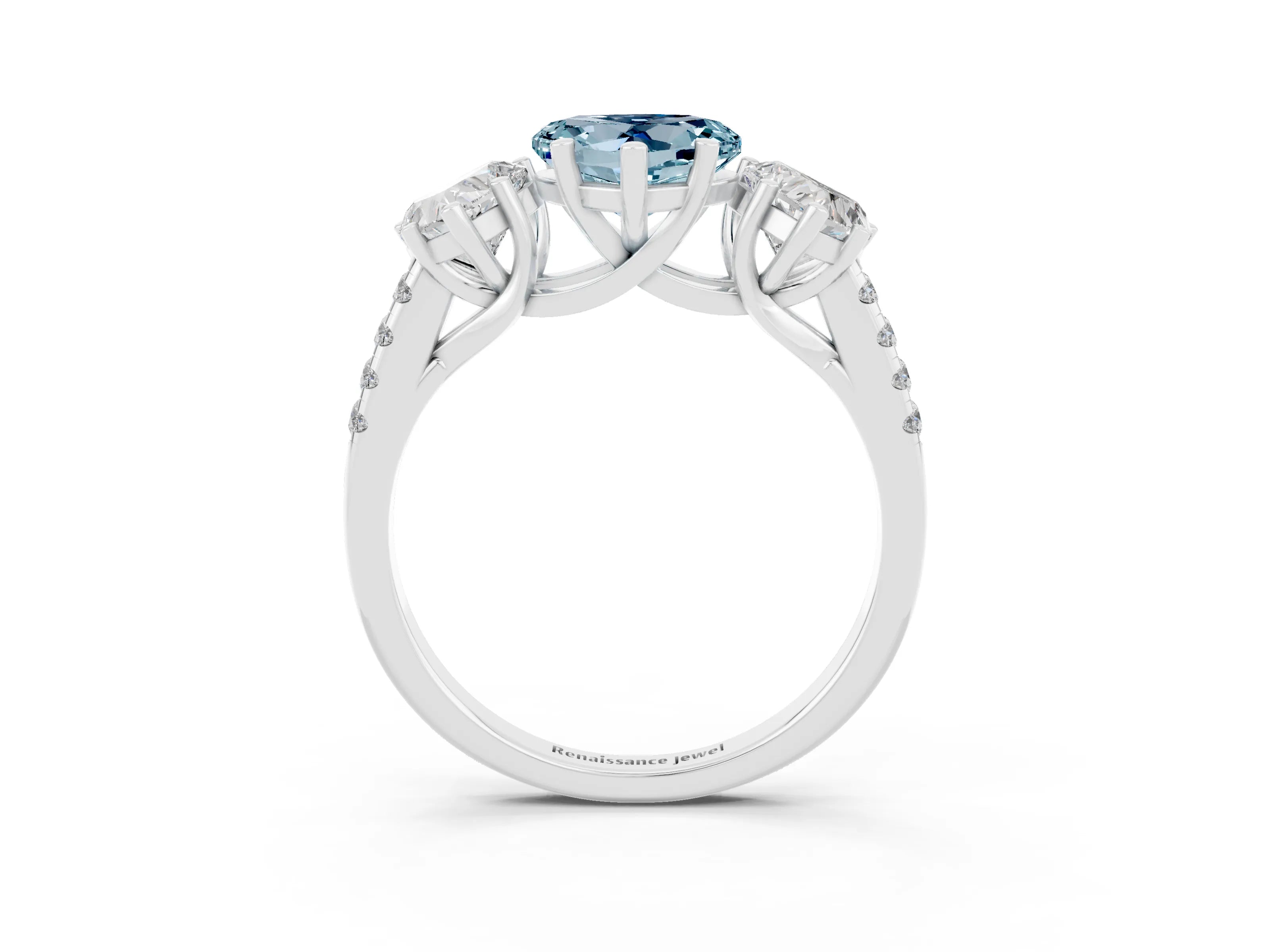 White gold Three-Stone Heart Cut Aquamarine Ring with Pavé Band and Prong Setting_15