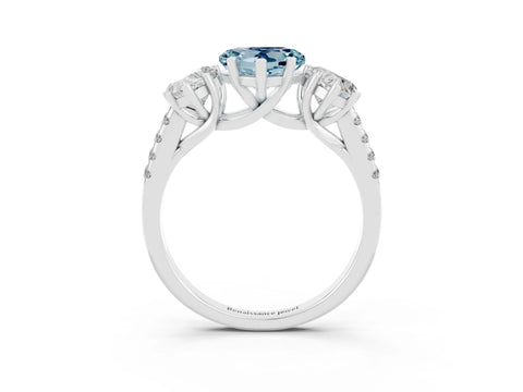 White gold Three-Stone Heart Cut Aquamarine Ring with Pavé Band and Prong Setting_15