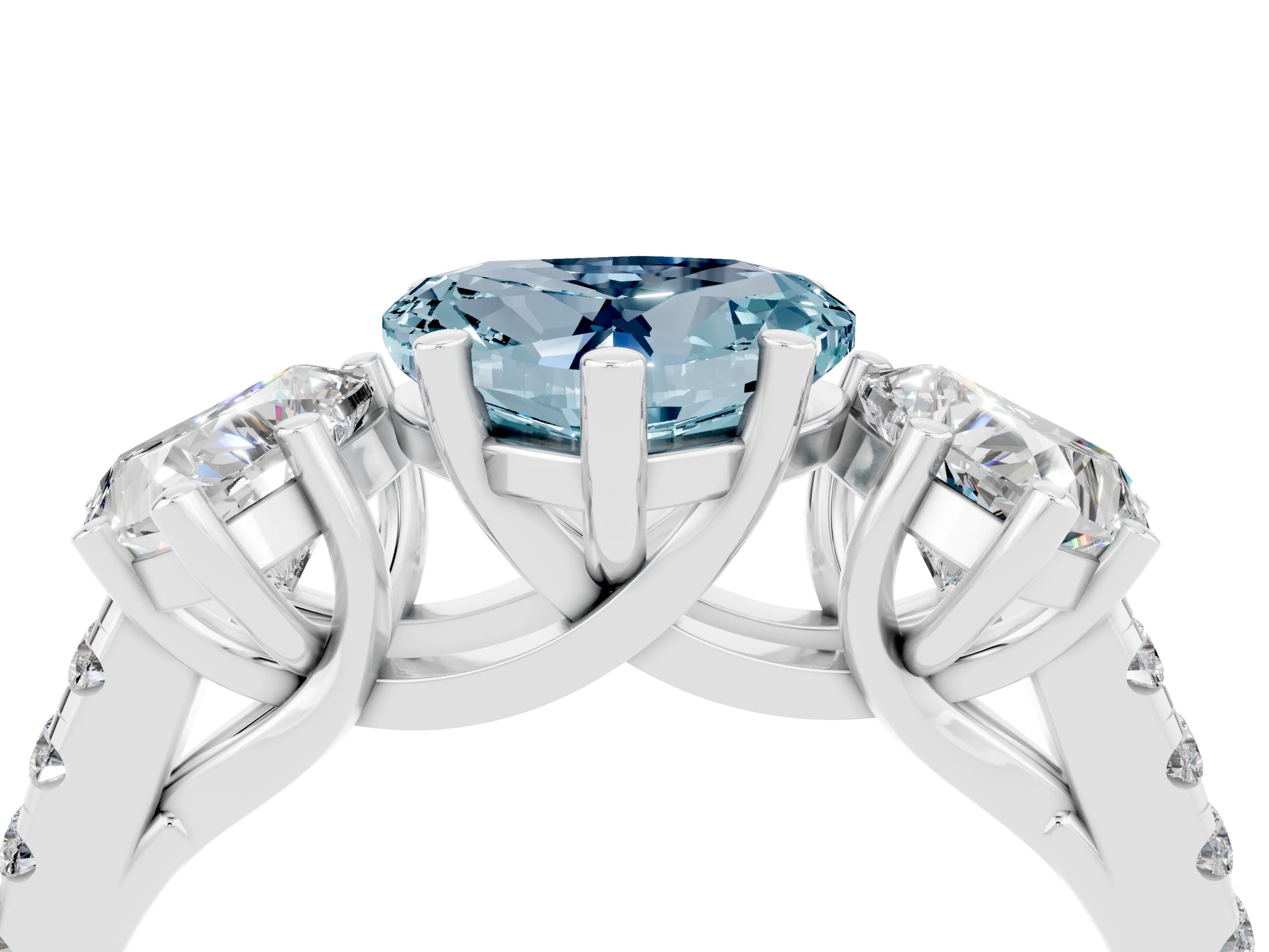 White gold Three-Stone Heart Cut Aquamarine Ring with Pavé Band and Prong Setting_16