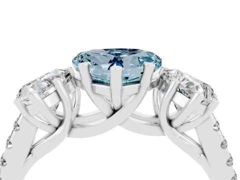White gold Three-Stone Heart Cut Aquamarine Ring with Pavé Band and Prong Setting_16