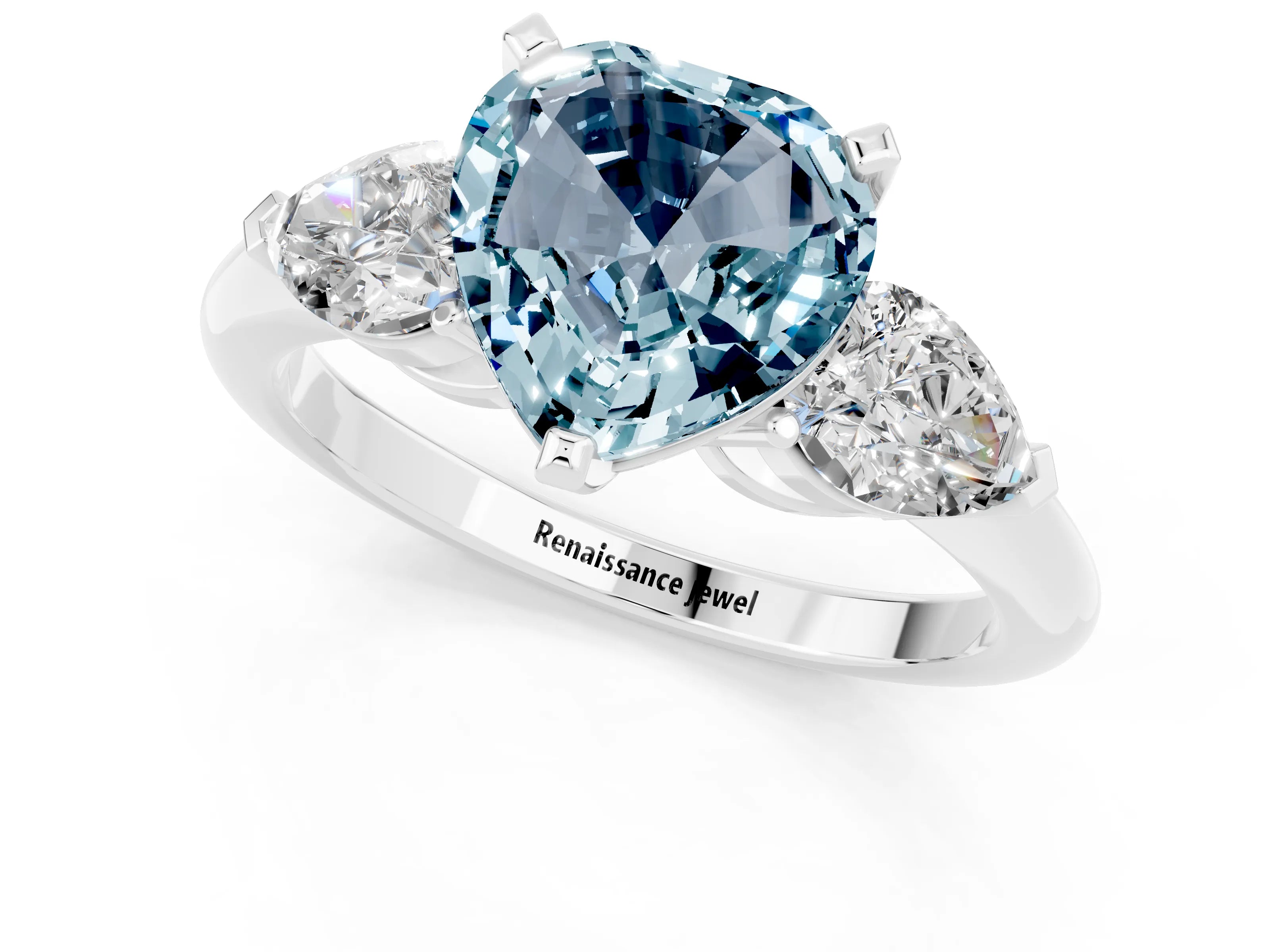 White gold Three-Stone Heart Cut Aquamarine Ring with Pear Side Stones and Four-Prong Setting_1
