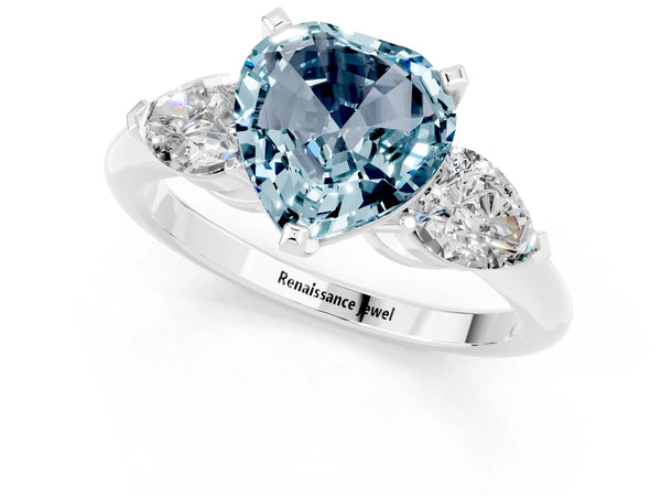 White gold Three-Stone Heart Cut Aquamarine Ring with Pear Side Stones and Four-Prong Setting