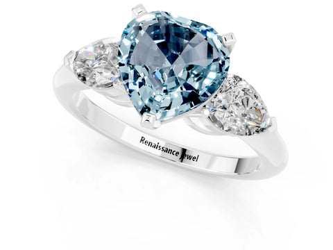 White gold Three-Stone Heart Cut Aquamarine Ring with Pear Side Stones and Four-Prong Setting_1